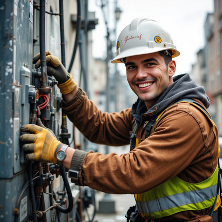 Portrait of a male electrician standing in front of electrical panelの素材