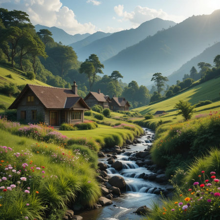 Beautiful landscape with a small cottage and a river in the mountainsの素材