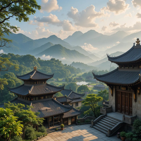 Beautiful landscape view of Chinese temple in the mountains at sunsetの素材