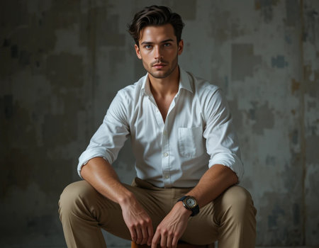 Portrait of a handsome young man in a white shirt. Men's beauty, fashion.の素材