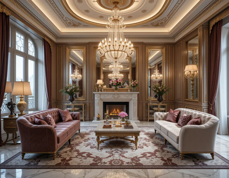 Luxury living room interior with fireplace and armchairs. 3d renderの素材