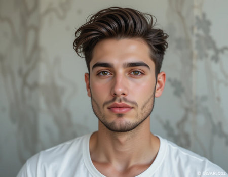 Portrait of a handsome young man in white t-shirt.の素材