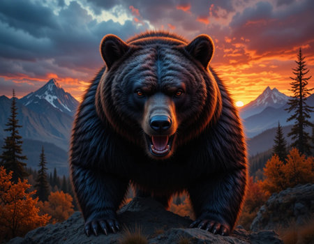 3D rendering of a grizzly bear at sunset in the mountainsの素材
