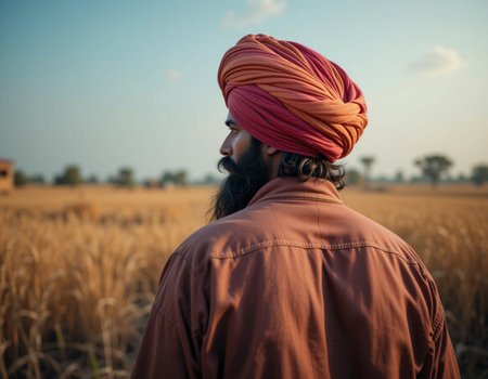 Young Indian man in turban and saree at wheat fieldの素材