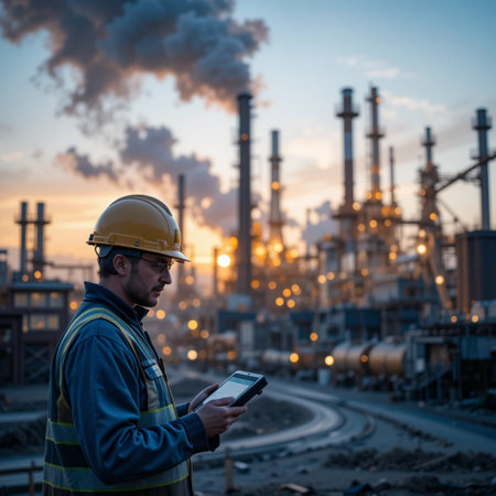 Industrial worker using tablet in petrochemical plant at sunset.の素材