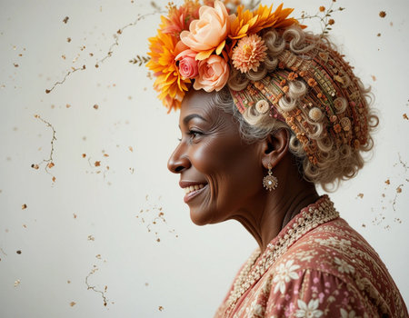 Beautiful african american woman with wreath of flowers on headの素材
