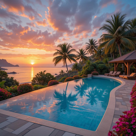 Swimming pool with palm trees and beautiful sunset on the background.の素材