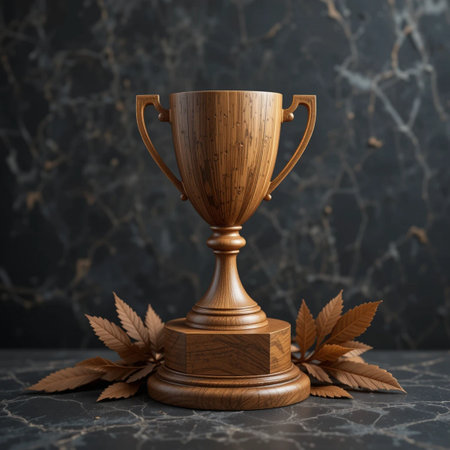 Wooden trophy cup with leaves background. 3d renderの素材