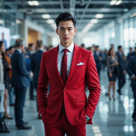 portrait of young Asian businessman in red suit standing in modern officeの素材