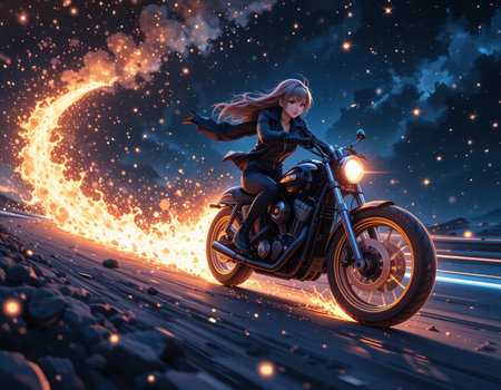 Sexy woman biker on a motorcycle in the night sky.の素材