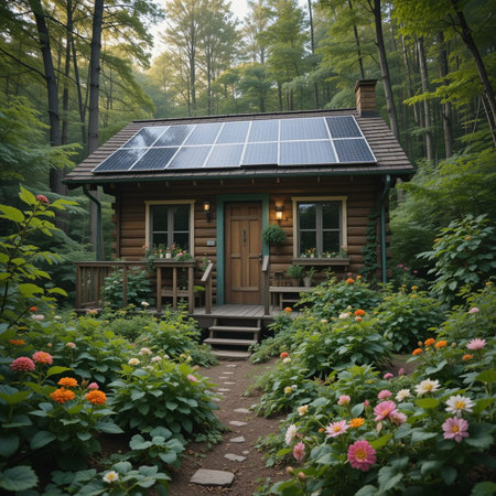Wooden cottage with solar panels on the roof in the forest.の素材
