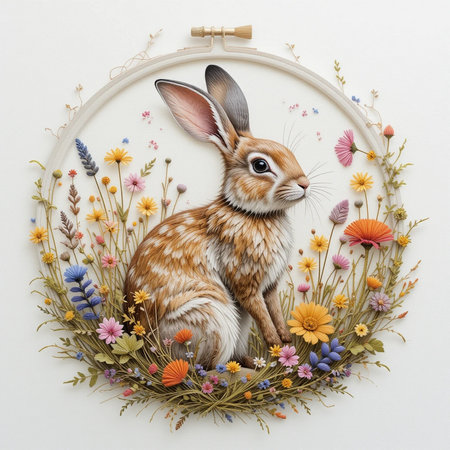 Easter rabbit in a round frame with flowers on a white backgroundの素材