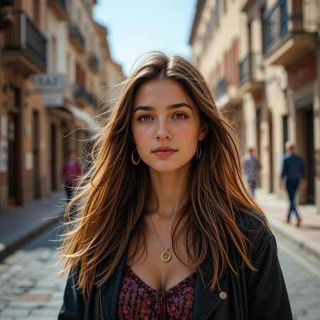 Portrait of a beautiful young woman with long brown hair in a black jacket on the streetの素材