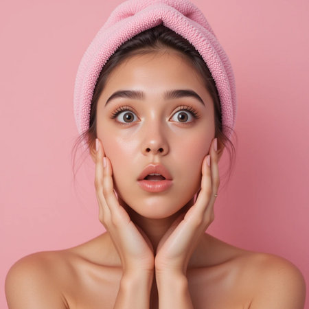 Portrait of a beautiful young woman with pink towel on her head.の素材