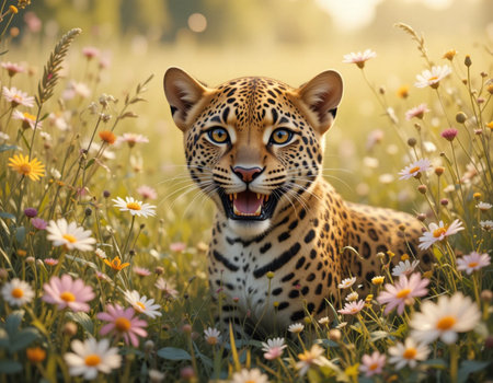 Leopard in the meadow with daisies at sunset.の素材
