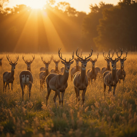 Fallow deer herd at sunrise in the meadow. Wildlife scene from nature.の素材
