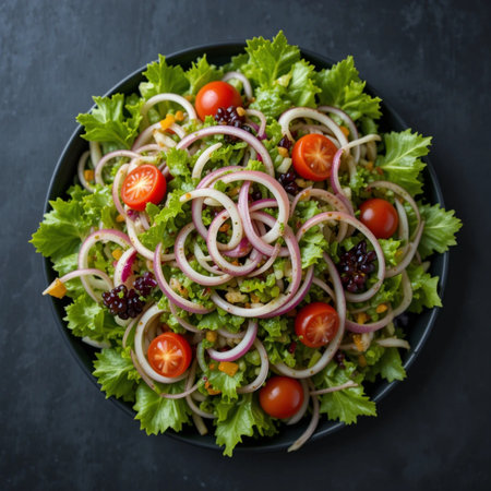 Fresh salad with quinoa, red onion and cherry tomatoes on dark backgroundの素材