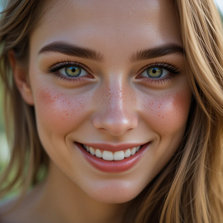 Close-up portrait of a beautiful young woman with green eyes.の素材