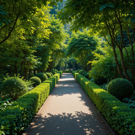 Pathway in the park with green trees and shrubs at sunsetの素材