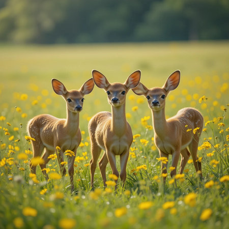 Three young white-tailed deer doe standing in a meadow with yellow flowersの素材