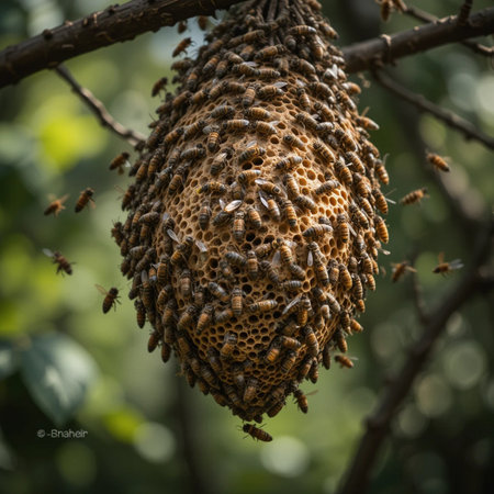 Honey bee nest on a tree, selective focus, copy spaceの素材