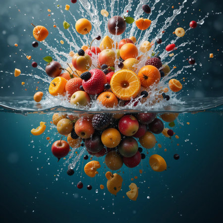 Fruit splashing into water on a dark background. Mixed fruitsの素材