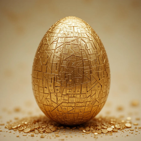 Golden easter egg with golden textured background. 3d renderの素材