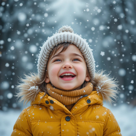 Portrait of a cute little boy in a yellow jacket and a knitted hat on a background of a winter forest.の素材
