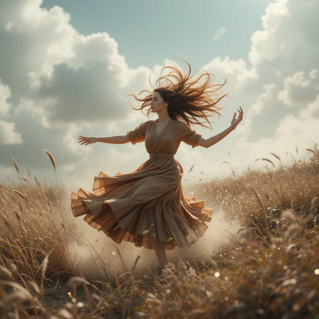 Beautiful young woman with flying hair in the wheat field. Beauty, fashion.の素材