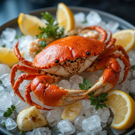 Boiled crab on ice with lemon and parsley. Seafood.の素材