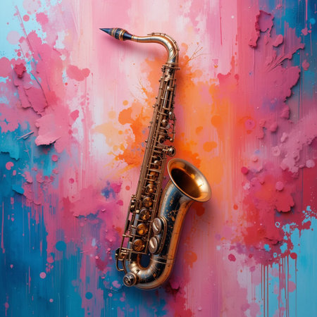 saxophone on a multicolored background with splashes of paintの素材