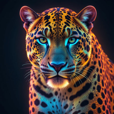 Portrait of a leopard on a black background. Collage.の素材