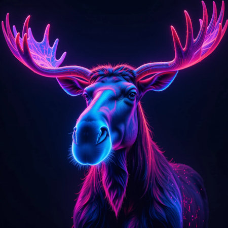 Digital Illustration of a Moose with Horns in a Dark Backgroundの素材