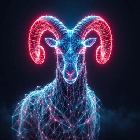 3d rendering of abstract female goat with glowing lines on dark backgroundの素材