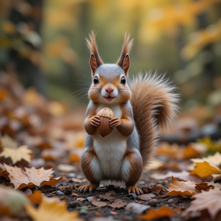 Cute red squirrel with nut in autumn forest. Animal portrait.の素材