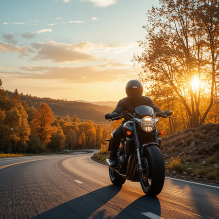 Motorcycle rider on the road in the autumn forest at sunset.の素材