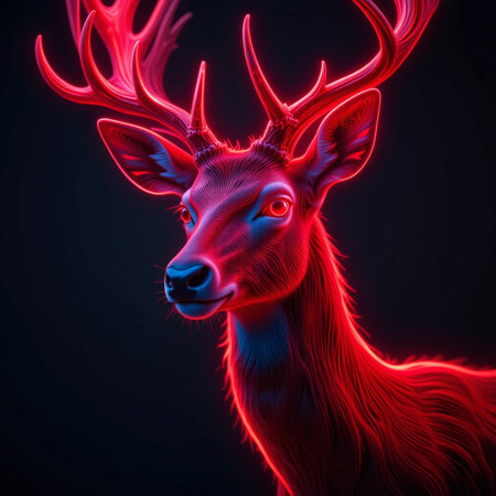 Deer head with antlers in red neon light. 3D renderingの素材