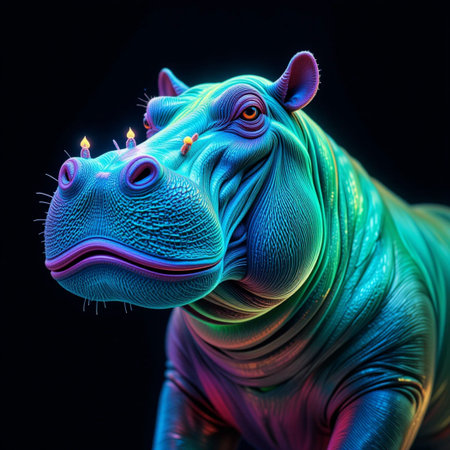 Hippopotamus in neon light. 3d rendering, 3d illustration.の素材