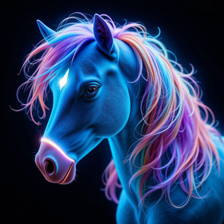 3D rendering of a fantasy unicorn with colorful hair isolated on black backgroundの素材