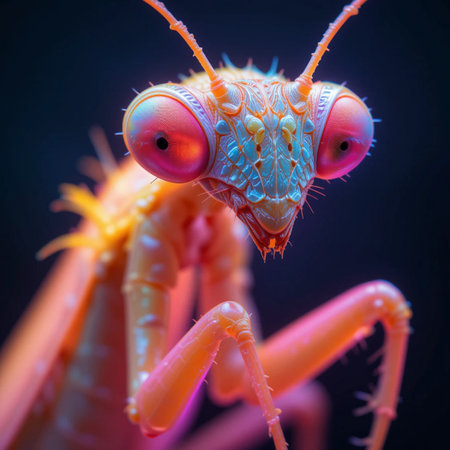 Praying mantis on a black background, close-upの素材
