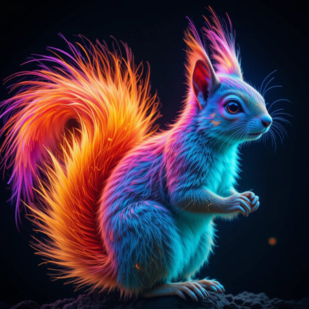 3d render of a blue squirrel with orange tail on black backgroundの素材