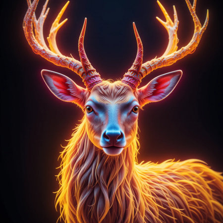 Fantasy deer with big horns on black background. 3d renderingの素材