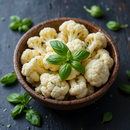 Cauliflower with basil in a bowl on a dark background. Selective focus.の素材