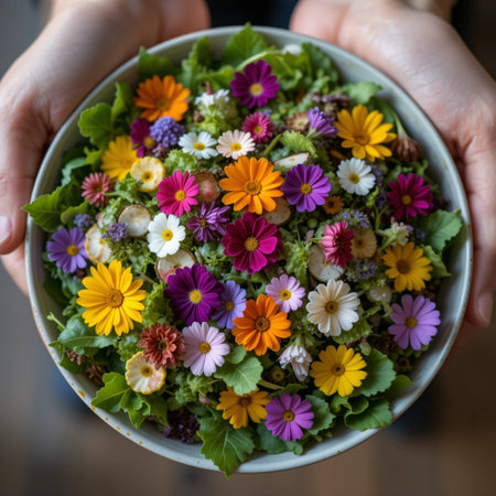 Flower salad in a bowl in the hands of a woman.の素材