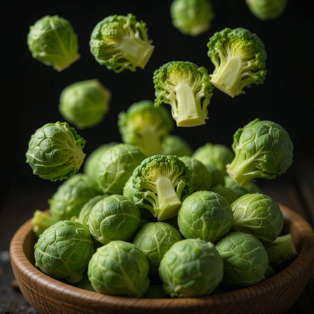 Fresh Brussels sprouts in a wooden bowl, selective focusの素材