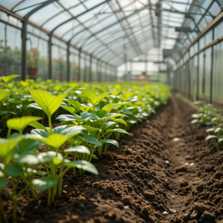 Green pepper seedlings growing in a greenhouse. Agricultural concept. Selective focus.の素材