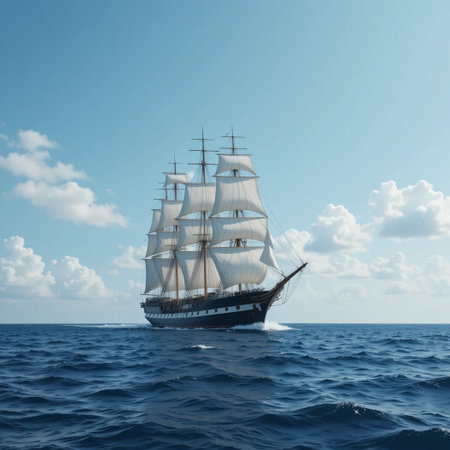 Sailing ship in the sea. 3d render. Vintage style.の素材
