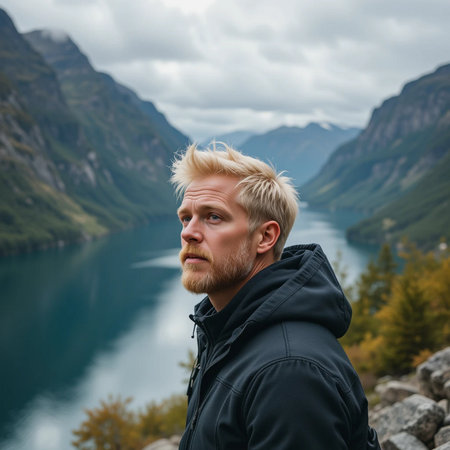 Handsome young man with blond hair in a black jacket on the background of mountains and lake.の素材