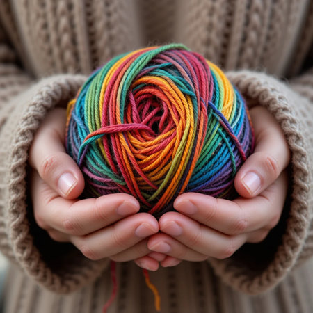 Closeup of woman hands holding colorful yarn ball. Knitting conceptの素材