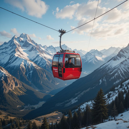 Cable car on the background of snow-capped Alps.の素材